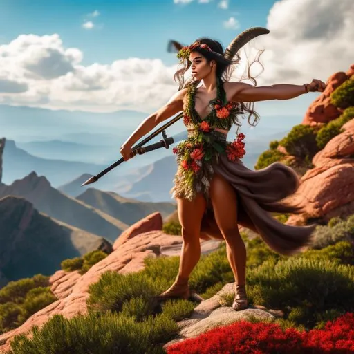 Prompt: a satyr, wearing a flower wreath, wielding a spear. dynamic pose, Standing on top of a mountain. red rocks, pine trees.