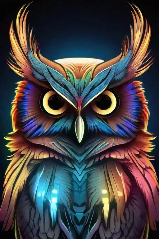 Prompt: Owl, bioluminescence, glowing, multicolor feathers, fantasy
