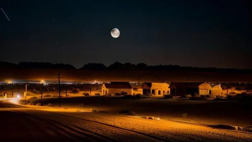 Prompt: Desert Town Landscape at night, Dusty feel, Moon Shining Brightly, Midnight Lighting, Sinister Tone, Wild West, Rifts New West Style