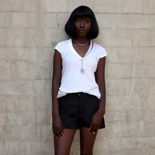 Prompt: Very dark skin black girl, 20 inch ultra super super mini short pants panty type , very large T-shirt Local adjustment Short neck: V: V-neck, long necklace, short hair high neck, short necklace, scarf, short hair long neck: V. High neck, short necklace, wear scarf, shoulder hair open neck, V-neck, long necklace, short hair small chest: V: light color, bright blouse, neckline with decoration x: low cut, tight, careful tone blouse Big chest: √ : high neck, short necklace, wear scarf, shoulder hair x: V-neck, open neck, long necklace, short hair