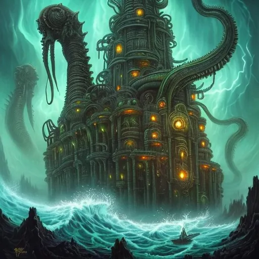 Prompt:  fantasy art style, painting, deep ocean, ancient, Mayan, Aztec, green, green lights, lightning, colourful, pirates, pirate ship, flags, H. R. Giger, waves, mist, naval ship, utopia, warship, biological mechanical, pipes, warship, snakes, serpents, eels, tentacles, octopus, jellyfish, giant ship, squid, glowing, bioluminescence, bioluminescent 