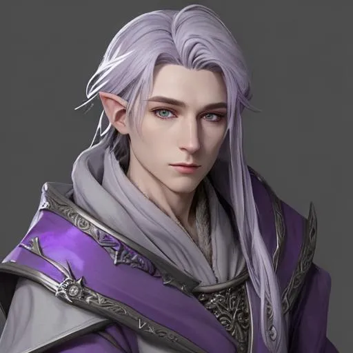 Prompt: winter eladrin
cleric
male
grey-purple hair
knowledge domain
bust shot
dnd
robe
sage