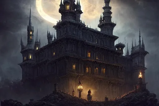 Prompt: Epic Castle at night with walls, Sinister, Evil, Epic cinematic brilliant stunning intricate meticulously detailed dramatic atmospheric maximalist digital matte painting Professional photography, bokeh, natural lighting, canon lens, shot on dslr 64 megapixels sharp focus horror Gustave Doré Greg Rutkowski sinister by Greg Rutkowski
