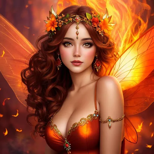 Prompt: fairy goddess with warm colors, realistic,  fiery background, closeup