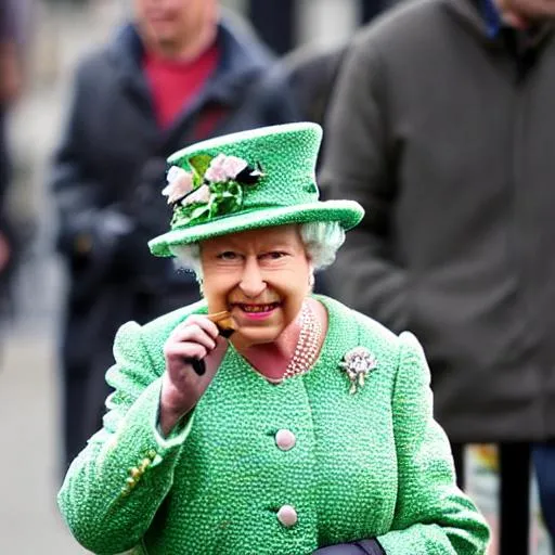 Prompt: queen smoking a cigar outside hmp wormwood scrubs