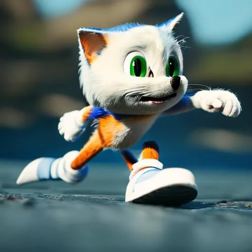 Prompt: A high quality CGI Sonic The CAT Running 
across the ocean 