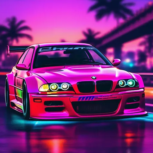 Prompt: 2001 BMW M3 E46 GTR, synthwave, aesthetic cyberpunk, miami, highway, dusk, neon lights, coastal highway, dusk, neon lights, coastal highway, sunset, drift, nurburgring, water on the road, blade runner, 64k, watercolor, macro sharp focus, 8, hyper realistic, cinematic, highly detailed, photoraelistic, clean