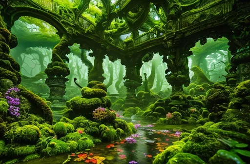 Prompt: Moss covered statues, eyes, widescreen ratio 16:9, 8k, front, full body, Epic action pose, epic Instagram, solar, psychedelic, fog, dusk, Twilight, hyperdetailed, intricately detailed, hyper-realistic, fantastical, intricate detail, WIDESCREEN, complementary colors, concept art, masterpiece, NEON oil painting, heavy strokes, splash arts, Wide Angle, Perspective, Double-Exposure, Light, NEON BLACK Background, Ultra-HD, Super-Resolution, Massive Scale, Perfectionism, Soft Lighting, Ray Tracing Global Illumination, Translucidluminescence, Crystalline, Lumen Reflections, in a symbolic and meaningful style, symmetrical, high quality, high detail, masterpiece, intricate facial detail, intricate quality, intricate eye detail, highly detailed, highly detailed face, Very detailed, high resolution