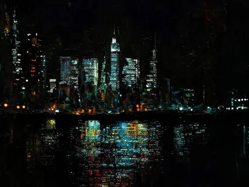 Prompt: Thick oil impasto York Skyline from 42nd Street Pier, thick oil impasto