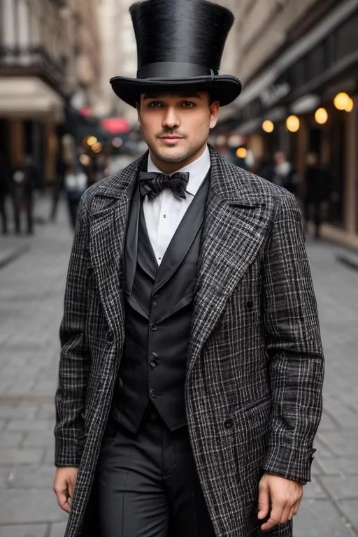 Prompt: a man wearing a black plaid coat and a dapper top hat, with no facial hair
