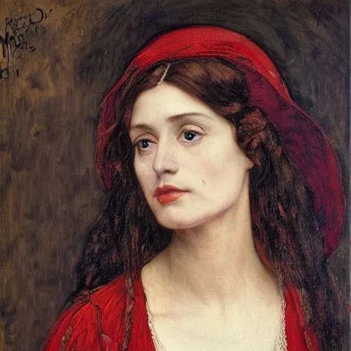 Prompt: pre-raphaelite style portrait, John Everett Millais style, female wizard, long black hair, tall pointy hat, red clothing, brown eyes, early thirties