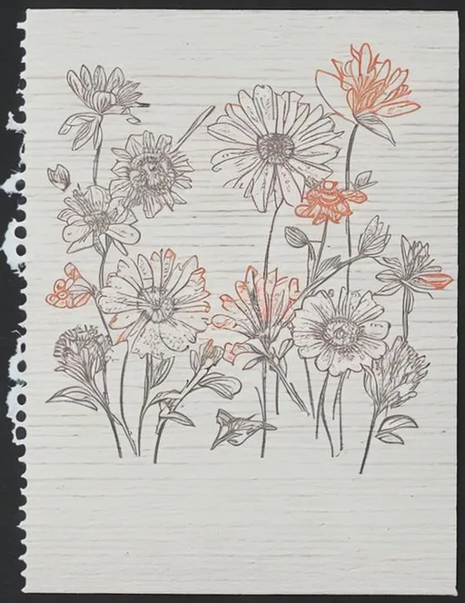 Prompt: Orange and Pink  colored retro
wildflowers  woodblock stamp