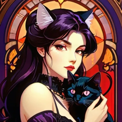 Prompt: fair skin tone, neon background, beautiful woman, innocent, hot, long dark brown hair, purple eyes, dark red lips, gothic, victorian,  vacant stare, cat ears, cat tail, dynamic pose, detailed facial features, dark lighting, 90s anime, 80s anime, anime screencap, cartoon, 2d art, romance novel cover, anime art style, castlevania anime, beserk anime,