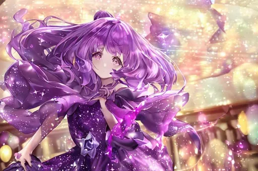 Prompt: A beautiful galaxy girl with a purple dress that is magically floating. She is in a beautiful galaxy behind her.