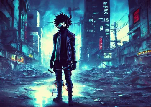 Prompt: Long exposure. post-apocalyptic background with nuclear blast. Neon anime. Solo Vigilante deku with mask. Tattered clothes. Brutal.