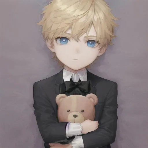 Prompt: a child boy with a teddy bear and blue eyes and blond hair wearing a black suit.