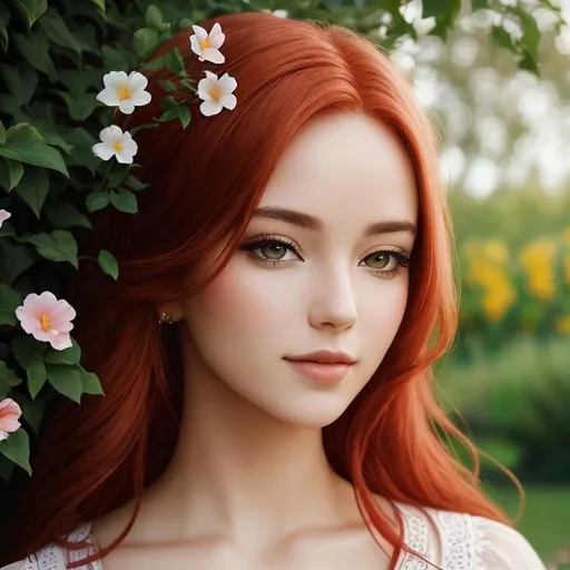 Prompt: a beautiful woman in a garden, light red hair, perfect composition, super detailed, high quality, facial closeup