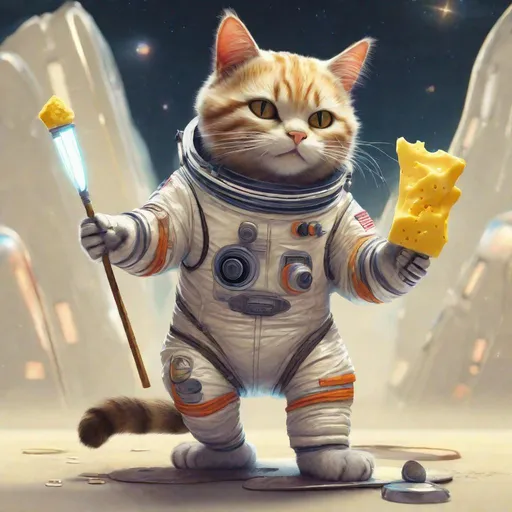 Prompt: Perplexing Stylized concept art of a cat in a space suit holding a stick of butter. Everything is perfectly to scale, HD, UHD, 8k Resolution, Vibrant Colorful Award winning 