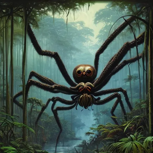 Prompt: Landscape painting, lush and dark jungle, a giant spider, dull colors, danger, fantasy art, by Hiro Isono, by Luigi Spano, by John Stephens