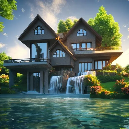 Prompt: a house under a water fall
