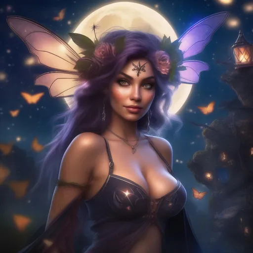 Prompt: Beautiful, full body view of a hyper realistic, buxom woman,  a fairy, witch, in a skimpy outfit on a breathtaking night with flying fairies around.