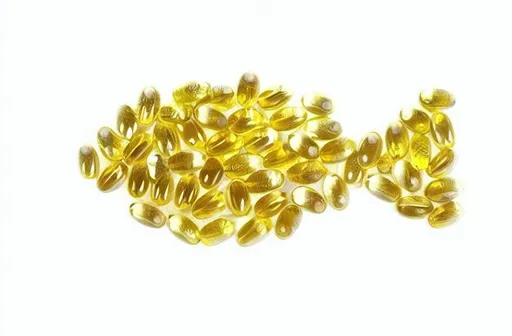 Prompt: Individual yellow fish-oil capsules agrouped forming the image of a fish. Cartoon