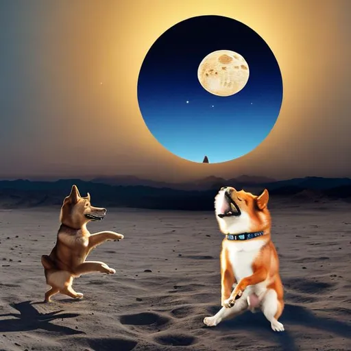 Prompt: dog dancing on the moon for treats