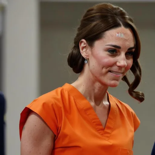 Prompt: kate middleton in prison wearing orange scrubs prison uniform