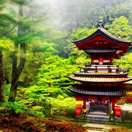 Prompt: A samurai temple high up in a hill with a wishing well, foggy environment, cool, awesome, immersive, bright colours, creative, HD Quality