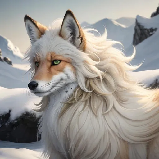 Prompt: 8k, UHD, masterpiece, best quality, trending on artstation, hyperrealistic ((fox)), (canine quadruped) with a medium silky somewhat-dark white-gold pelt with no patterns, white belly, olive green eyes, wavy tails and skinny paws, light medium curly hair, billowing white-gold mane, plain face, sharp focus, intricately detailed fur, brilliant detailed eyes, beautifully detailed face, beautifully detailed background, perfect composition, sharp focus, unreal engine, intricately detailed mouth and teeth, by Yuino Chiri, canid, canid body, fox anatomy, fox kit, distant mountain silhouettes, golden dawn sky, cliffside