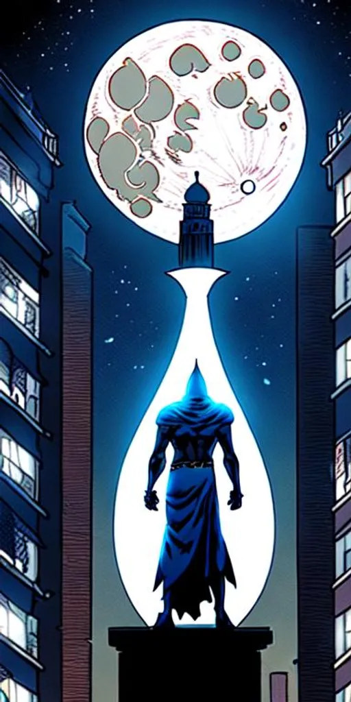 Prompt: Moon knight umder the the moon light watching over the light city