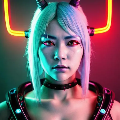 Prompt: Ultra detailed portrait of cyberpunk female samurai with demon horn and glowing neon pink eyes blue hair


