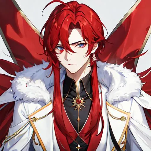 Prompt: Zerif 1male (Red side-swept hair covering his right eye) wearing a royal suit, white shawl, 