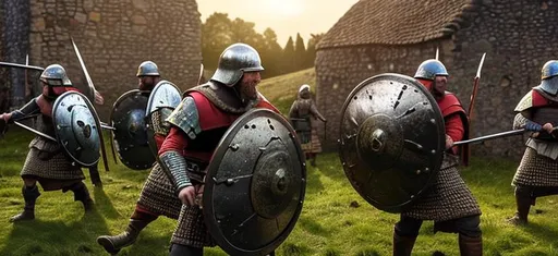 Prompt: early Medieval soldiers fighting, village background, realistic, 8k, shieldwall