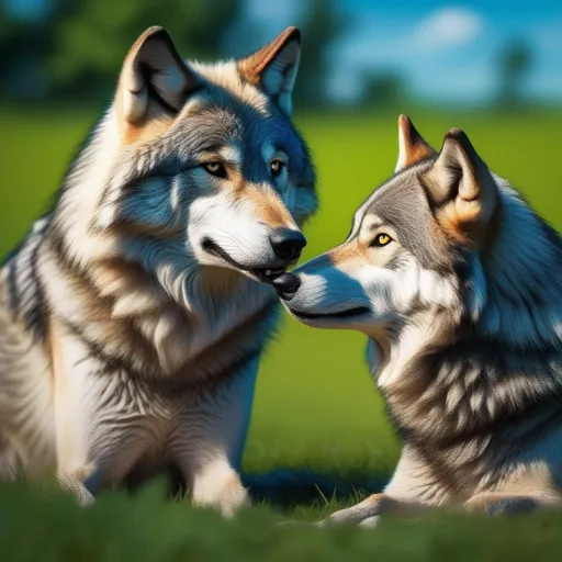 Prompt: wolves chatting, 4k, 8k, UHD, best quality, highly detailed, intricate detail, vibrant, sapphire blue sky, emerald grass, studio lighting, 70mm ef, mouth open, open mouth, sharp focus, fluffy fur, full body focus, hyper realistic, 8k eyes, highly detailed face, highly detailed eyes