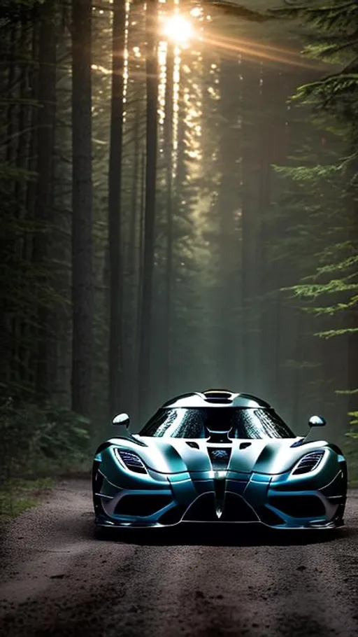 Prompt: koenigsegg regera wide body heavily modified at illegal meet, dark and shadowy background, in the Canadian forest, 30 minutes after sunset, long depth of field.