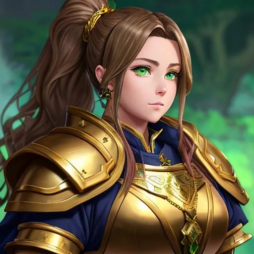 Prompt: "Full body, oil painting, fantasy, anime portrait of a gold dwarf woman with wavy light brown hair in a ponytail and dark green eyes, stocky build | Earth cleric wearing intricate green cleric robes and scale mail armor wielding a war hammer and shield in her hands, #3238, UHD, hd , 8k eyes, detailed face, big anime dreamy eyes, 8k eyes, intricate details, insanely detailed, masterpiece, cinematic lighting, 8k, complementary colors, golden ratio, octane render, volumetric lighting, unreal 5, artwork, concept art, cover, top model, light on hair colorful glamourous hyperdetailed medieval city background, intricate hyperdetailed breathtaking colorful glamorous scenic view landscape, ultra-fine details, hyper-focused, deep colors, dramatic lighting, ambient lighting god rays, flowers, garden | by sakimi chan, artgerm, wlop, pixiv, tumblr, instagram, deviantart