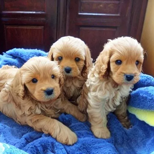 Prompt: cute golden cavapoo puppies with a bath