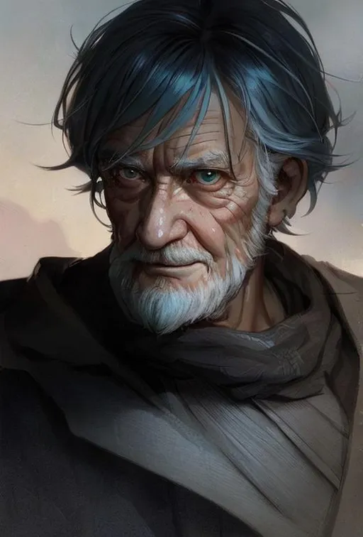 Prompt: Closeup face portrait of an old man, smooth soft skin, big dreamy eyes, beautiful intricate colored hair, symmetrical, anime wide eyes, soft lighting, detailed face, by makoto shinkai, stanley artgerm lau, wlop, rossdraws, concept art, digital painting, looking into camera