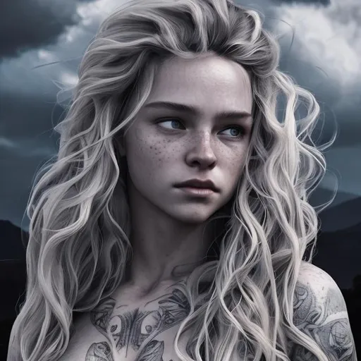 Prompt: (extremely detailed) (sharp detailed) (cinematic shot) (hyper realistic) (masterpiece). long hair, wavy hair, blonde hair, woman model, fullbody view, instagram able, centered, extremely face detailed, extremely realistic face, clouds, high resolution, reflactions, tattooed body, night sky, moonlight, high detailed tattoo.