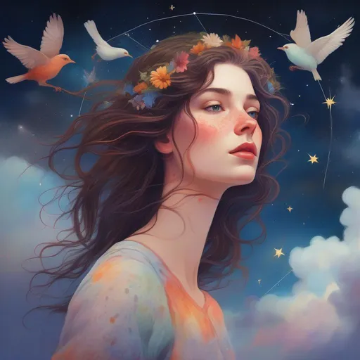 Prompt: Colorful and beautiful Persephone with brunette hair and light freckles,  surrounded by clouds and birds framed by constellations and stars
