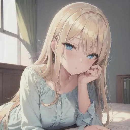 lofi girl, blonde hair, blue eyes, soft green clothe...