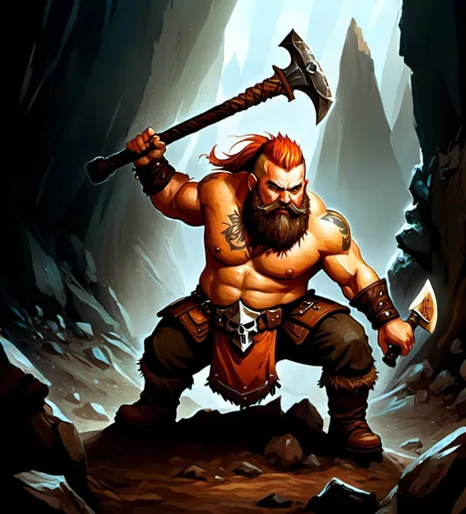 Prompt: illustration of Warhammer fantasy RPG style fierce dwarf warrior, bare chest, grimy atmosphere, orange mohawk and beard, holding battle-worn axe, dramatic lighting casting deep shadows, rich earthy tones, high quality, epic fantasy, detailed beard, rugged, weathered look, heroic, fantastical, immersive setting