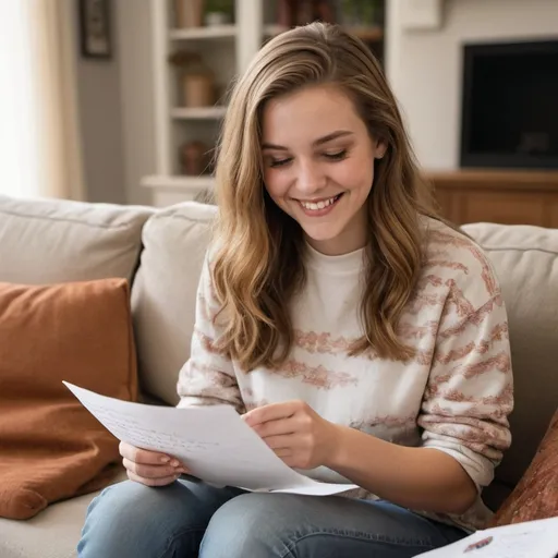 Prompt: an 18 year white American female, with light brown hair, smiling, dressed in trendy and stylish clothing, sitting on her living room sofa, reading a handwritten letter she received from her uncle