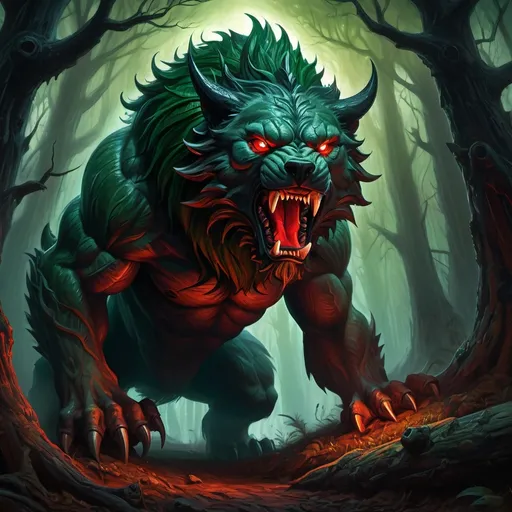 Prompt: Warhammer fantasy RPG style beast, highly detailed illustration, detailed jaws, fearful expression, oil painting, dark and ominous atmosphere, intricate bark textures, haunting red and green hues, mystical forest setting, piercing glowing eyes, ancient and weathered appearance, best quality, highly detailed, oil painting, fantasy, dark atmosphere, intricate textures, mystical forest, glowing eyes, ancient appearance, haunting colors, professional, dramatic lighting