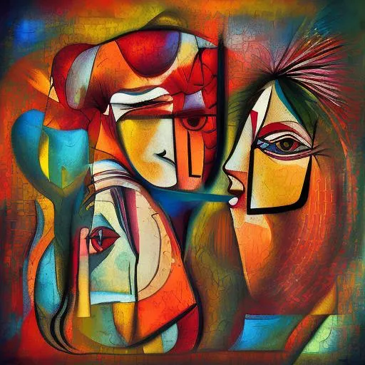 Prompt: Abstract painting image picture of what Love is in many different forms Picasso style mixed with Da Vinci realistic detailed beautiful art hidden meanings and messages inside and out of the image 