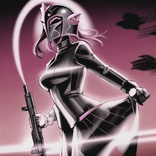 Prompt: cinematic, dramatic, portrait of one {female mandalorian} wearing full pale magenta and black beskar armour and unique helmet with paint decals, armed with a blaster gun on each hand with the background has glyph writing in mandalorian and is dark and necrotic and ghostly