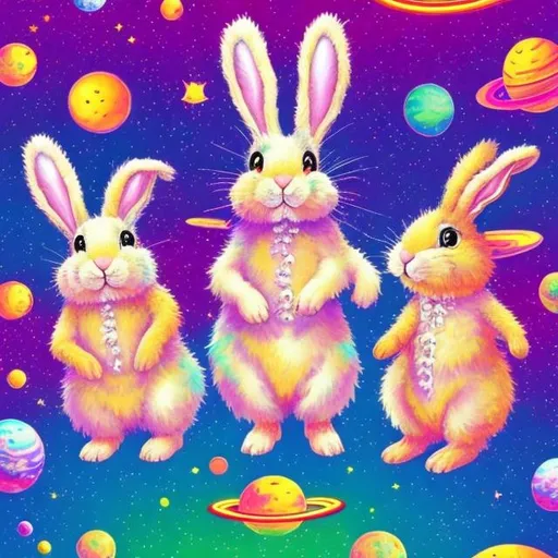 Prompt: Fuzzy bunnies in outer space in the style of Lisa frank