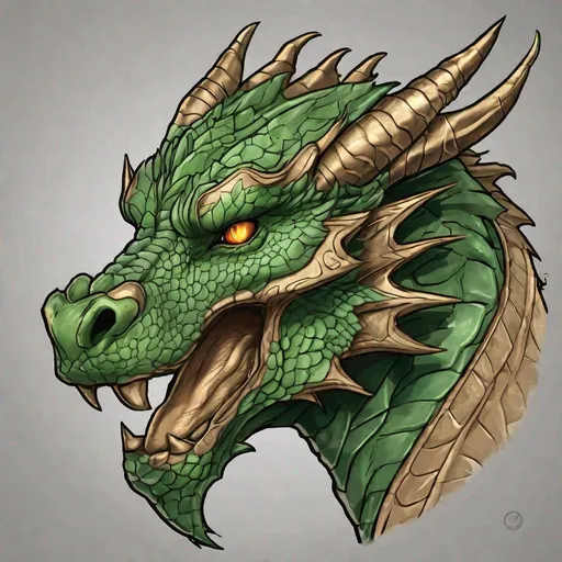 Prompt: Concept design of a dragon. Dragon head portrait. Coloring in the dragon is predominantly subtle green with bronze streaks and details present.