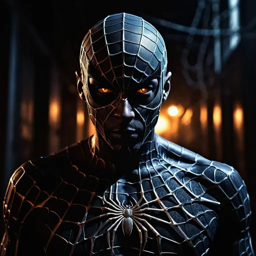 Prompt: (fierce super villain), male human with spider-like features, intricate web patterns on his skin, glowing eyes, menacing pose, (dramatic lighting), dark and moody ambiance, urban backdrop with shadows, high detail, (high quality), dramatic color contrast, showcasing intense emotions and power.